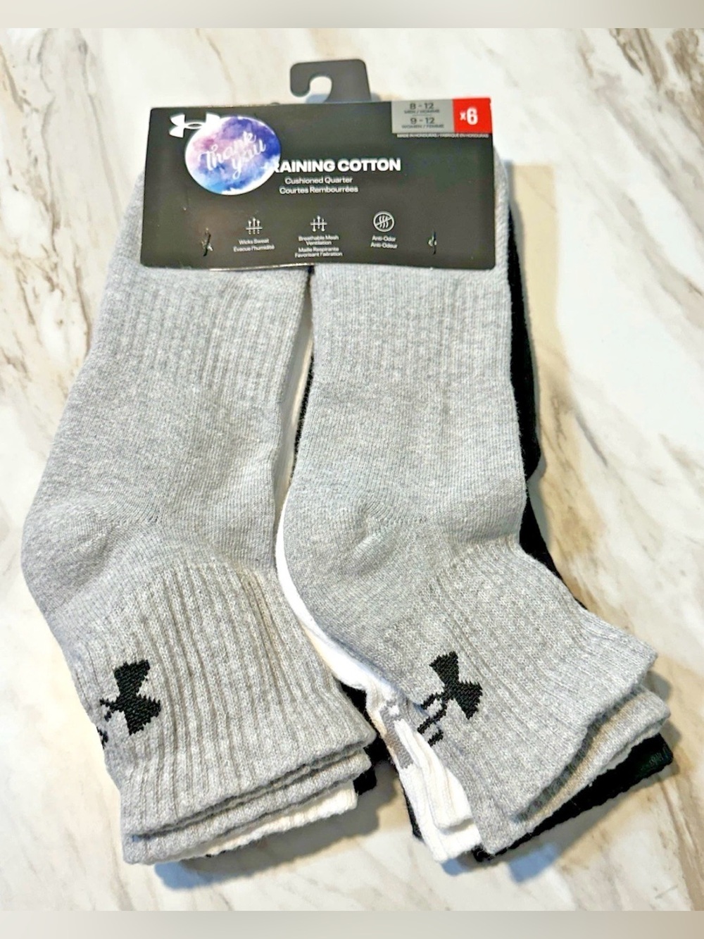 Under Armour Adult Training Cotton Quarter Socks Black Gray White Men's 8-12
